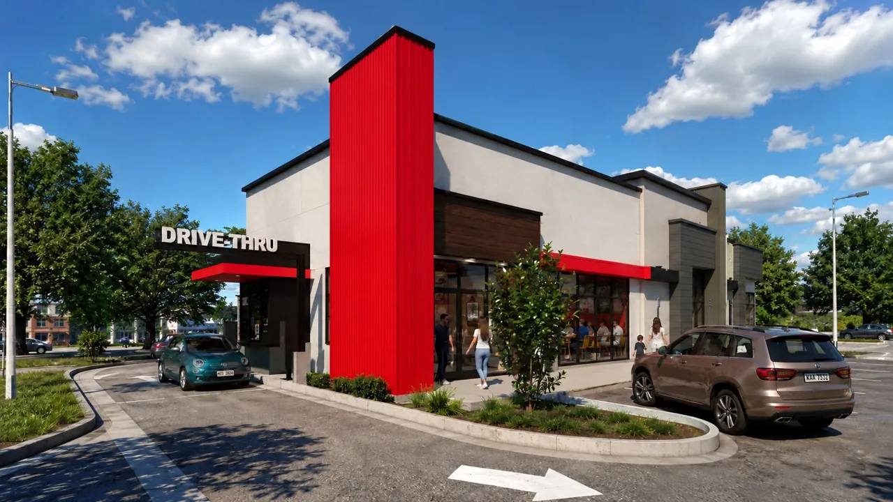 Contemporary drive-through restaurant with red facade accents and landscaped parking